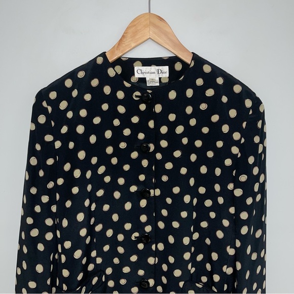 Christian Dior Vintage Silk Blazer Jacket Women's Size 8 Black Tan Polka Dot Top - Picture 3 of 12